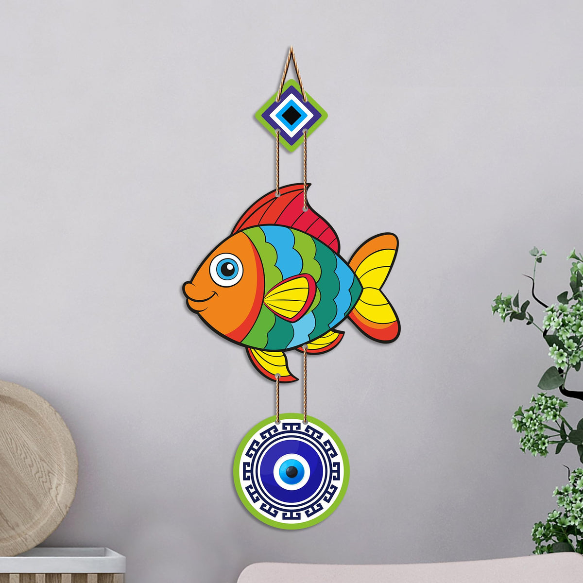 Artvibes Lucky Fish Evil Eye Wall Hanging for Home Entrance | Nazar Suraksha MDF Wall Art | Positive Energy Decor for Main Door | Living Room | Office & Balcony (WH_8531N)