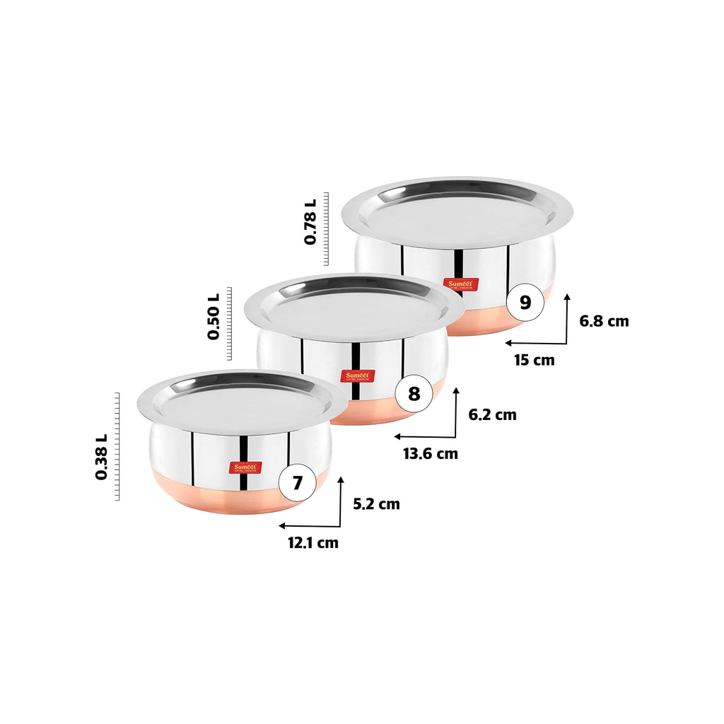 Sumeet Stainless Steel Copper Bottom Belly Shape 3 Pc Tope/Cookware/Pot Set with Lid 380ML, 500ML, 780ML, (Silver)