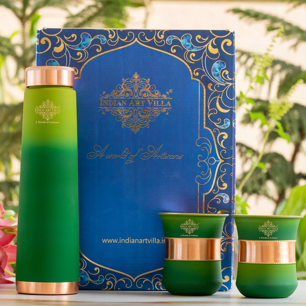 INDIAN ART VILLA Copper Bottle & Glass Gift Set - 800 ml Water Bottle & 2 Glasses (300 ml Each) - Green Pyramid Ombre Silk Finish, Perfect for Gifting & Everyday Use
