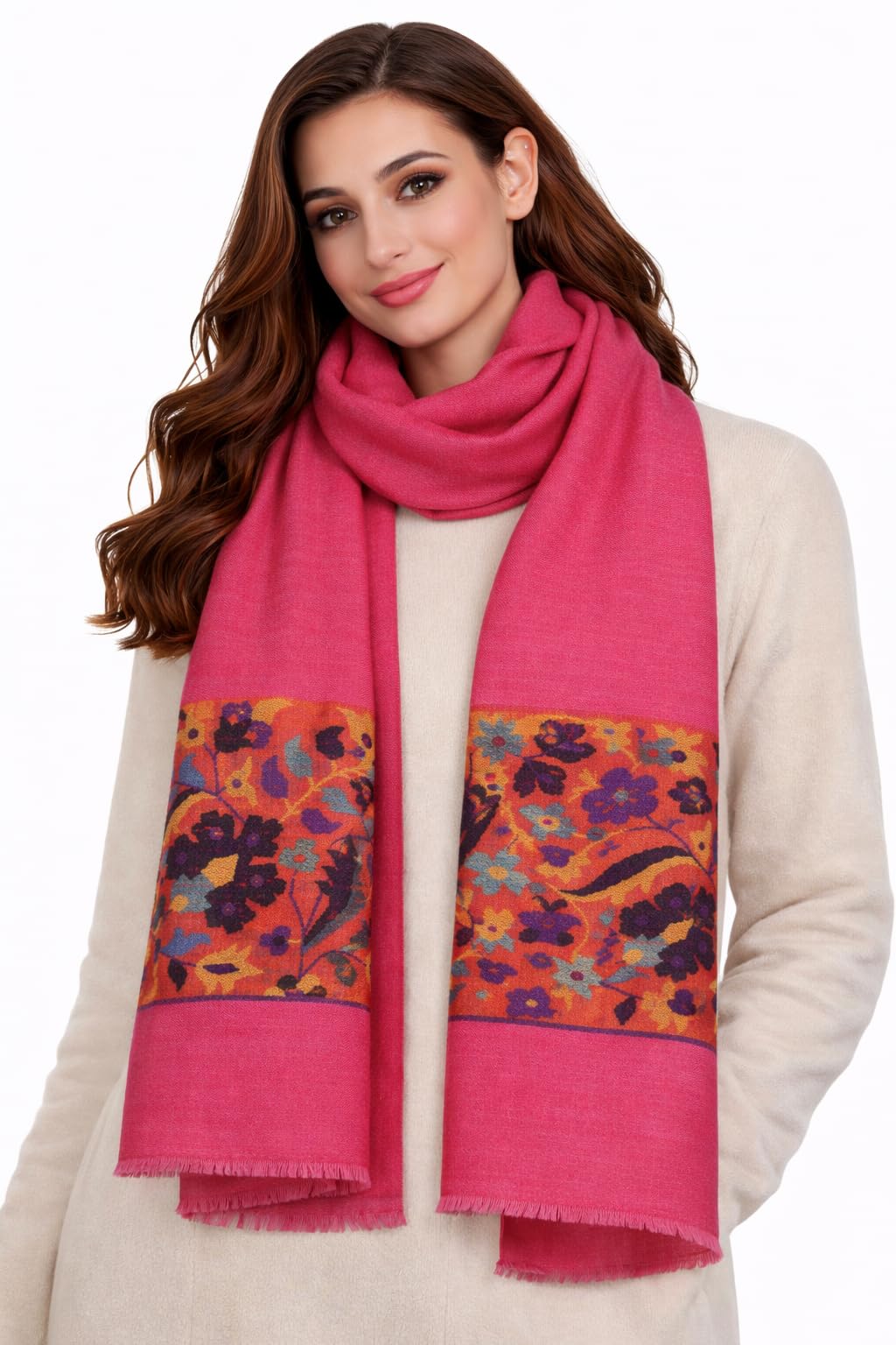 VIC Cashmere Fine Wool Shawl Stole for Women - Rose Red | Elegant Woven Floral Border | Soft Warm Premium Wrap | 70 x 200 cm | VIC-CFW-KB10