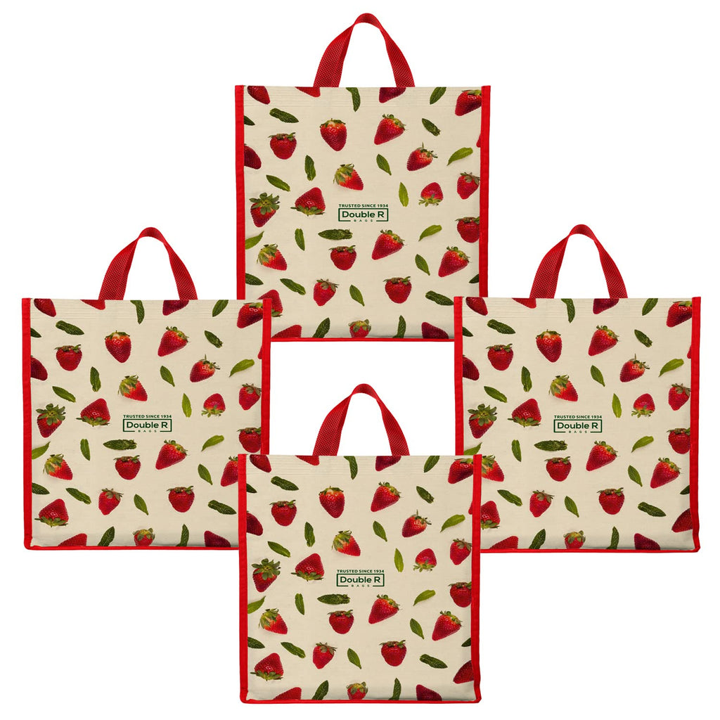 DOUBLE R BAGS Unisex Big Eco Cotton Canvas Shopping Bag for Grocery, Milk, Fruits & Vegetables | Reusable Tote with Reinforced Handles | Strawberry Print, 34x9.5x39.5 cm, 1 Compartment (Pack of 4)