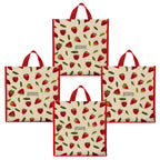 DOUBLE R BAGS Unisex Big Eco Cotton Canvas Shopping Bag for Grocery, Milk, Fruits & Vegetables | Reusable Tote with Reinforced Handles | Strawberry Print, 34x9.5x39.5 cm, 1 Compartment (Pack of 4)