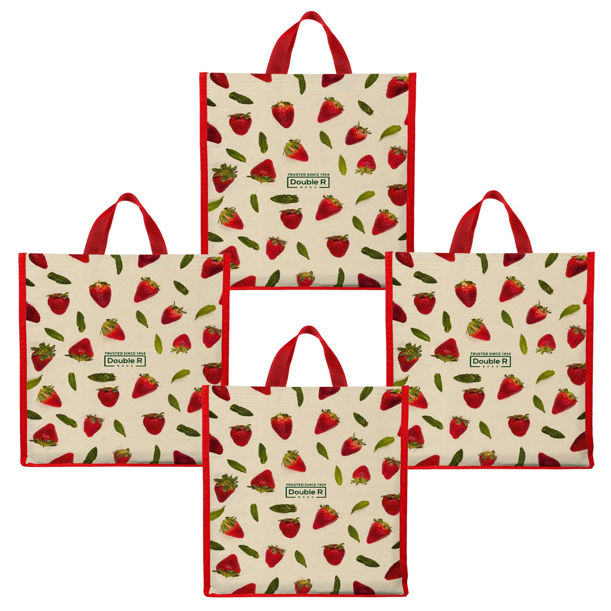 DOUBLE R BAGS Unisex Big Eco Cotton Canvas Shopping Bag for Grocery, Milk, Fruits & Vegetables | Reusable Tote with Reinforced Handles | Strawberry Print, 34x9.5x39.5 cm, 1 Compartment (Pack of 4)
