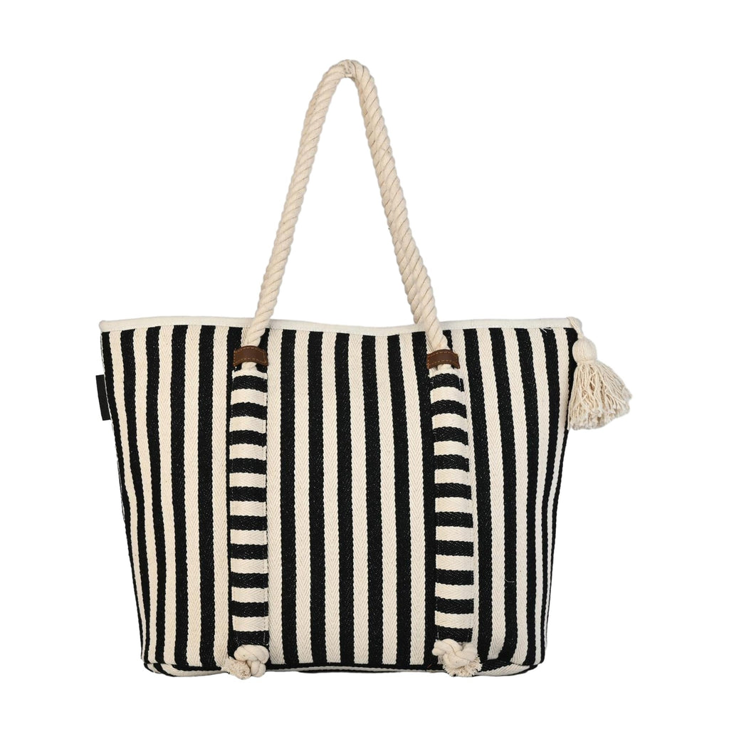 ENSAC Women’s Striped Canvas Beach Tote Bag with Rope Handles & Tassel – Large Shoulder Bag for Travel, Picnic & Shopping