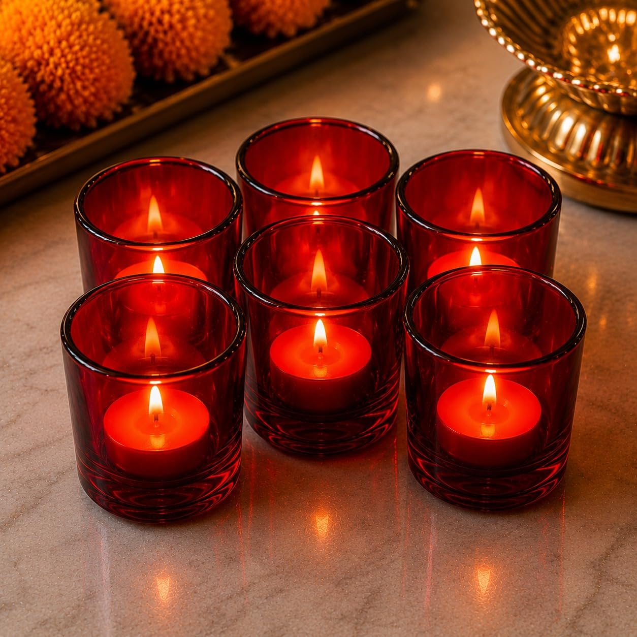Pure Source India Glass Votive Tealight Candle Holders - Living Room Side Table Home Decoration (Glass, Pack of 6, Red)