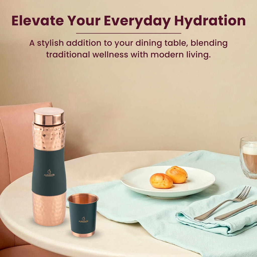 AURASHIE Pure Copper Drinkware Gift Set of 1 Bottle & 2 Glasses with Box | Pure Hammered Copper Drinkware | Gift Set for Birthday, Parties, Weddings & Festivals (Green Grip Sleeve)