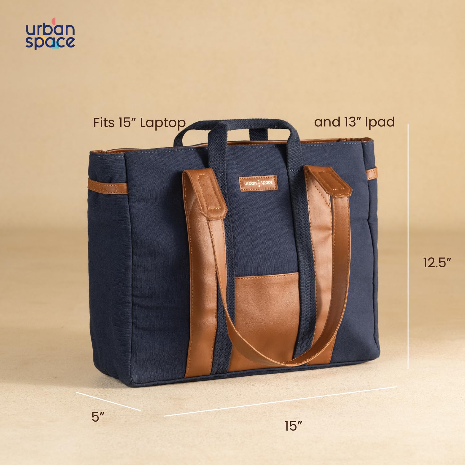 Urban Space Women Tote Bag | Canvas Handbag with Zip closure | Tote Bag for Office | Handcrafted Ladies Shoulder Purse for Office | Laptop bag | Padded Laptop space For Upto 16 - Navy blue