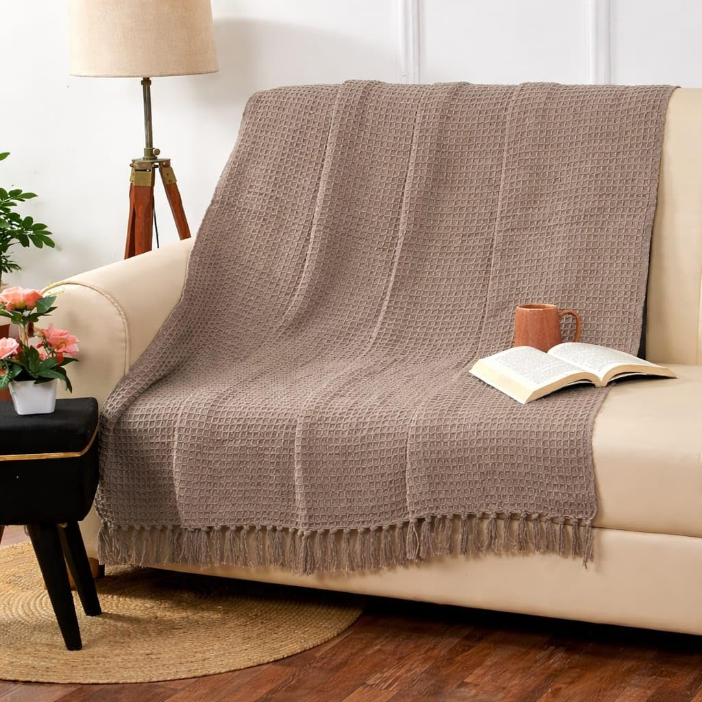 Tarantaran Waffle Weave Cotton Throw Blanket – Lightweight, Breathable & Cozy for Sofa or Bed (100% Cotton)(50X60 Inches) (Beige) Kafalo
