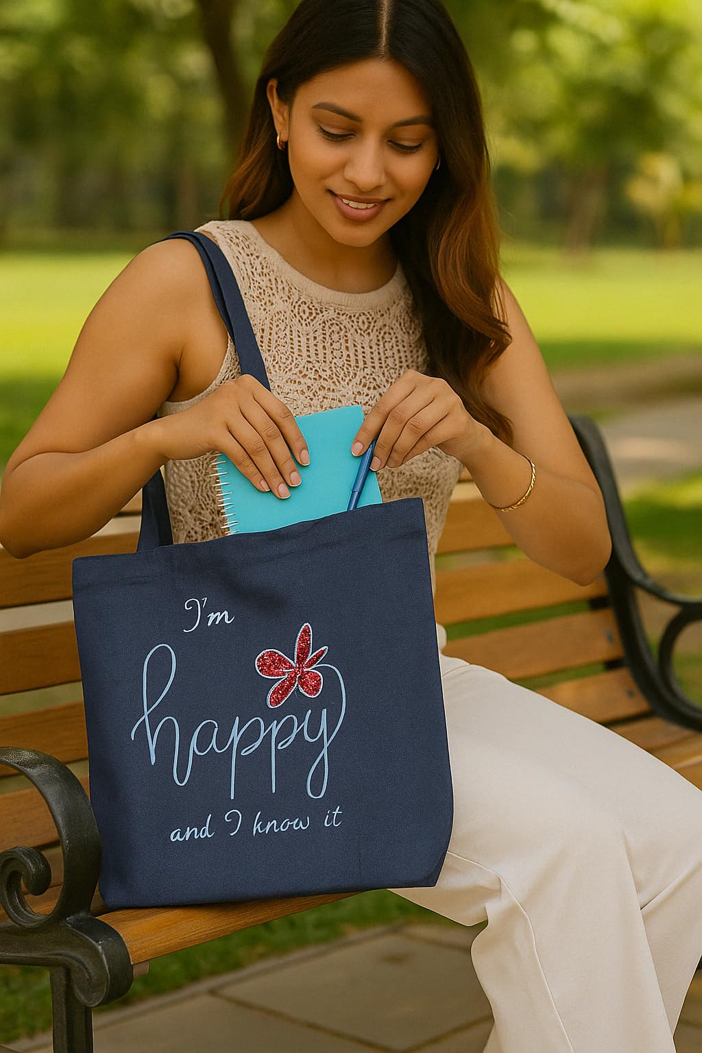 MASQ By Q-One Canvas Happy Embroidered Utility Tote Bags For Women With Zip, College Bag For Girls, 100% Organic Cotton Tote Bag For Traveling & Daily Use