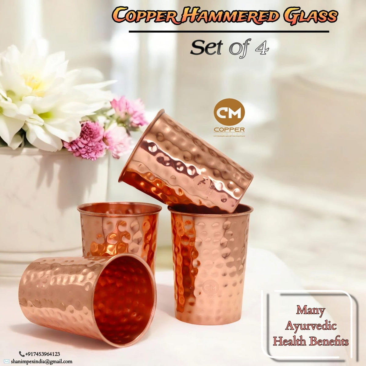Copper-Master 5 Litre Hammered Copper Water Dispenser (Matka) Container Pot with 4 Pure Copper Glasses Pure Copper and Ayurvedic Health Benefits (5000 ml + 1200 ml)