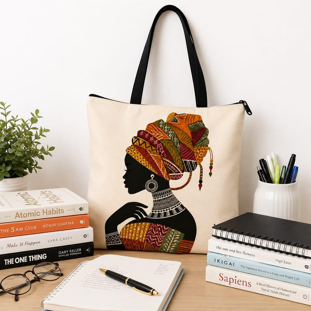 HOMELYA Large Cotton Canvas Zippered Tote Bag for Women | Reusable Eco-Friendly Shoulder Carry Bag | Spacious Shopping, Office & College Handbag (Tribal Grace Design)