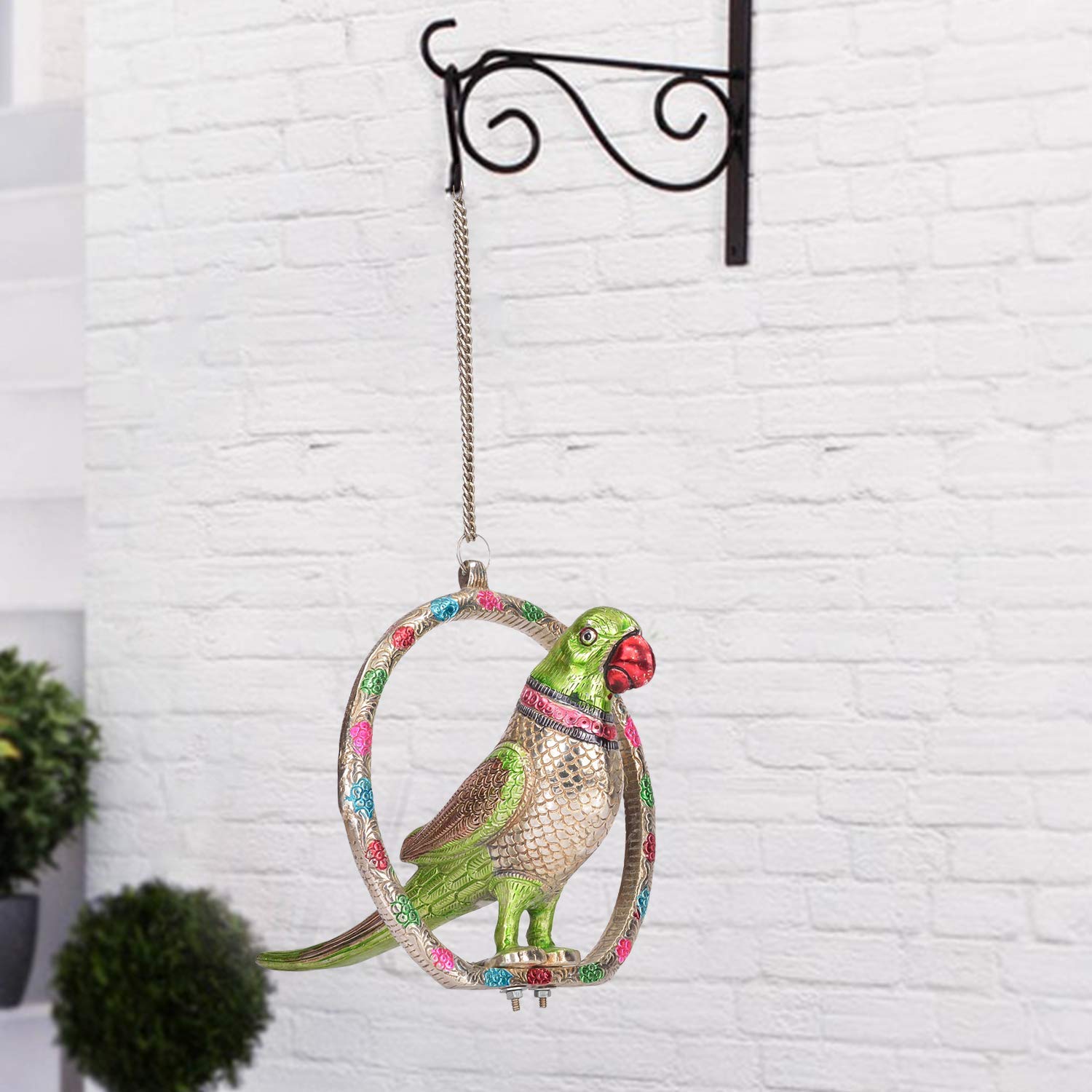 KridayKraft Prince Home Decor & Gifts Hanging Parrot Showpiece – White Metal Decorative Bird with Green Accents & Chain for Home Décor, Balcony (24 x 7.5 x 21 cm, 910 g, 50 cm, Silver)