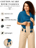 GALE GIRLS Cotton Mulmul Scarf|Scarf for Women|Mulmul Stole|Soft Beach Wrap|Tassel Design|Easily fits 180 * 50cm|Blue