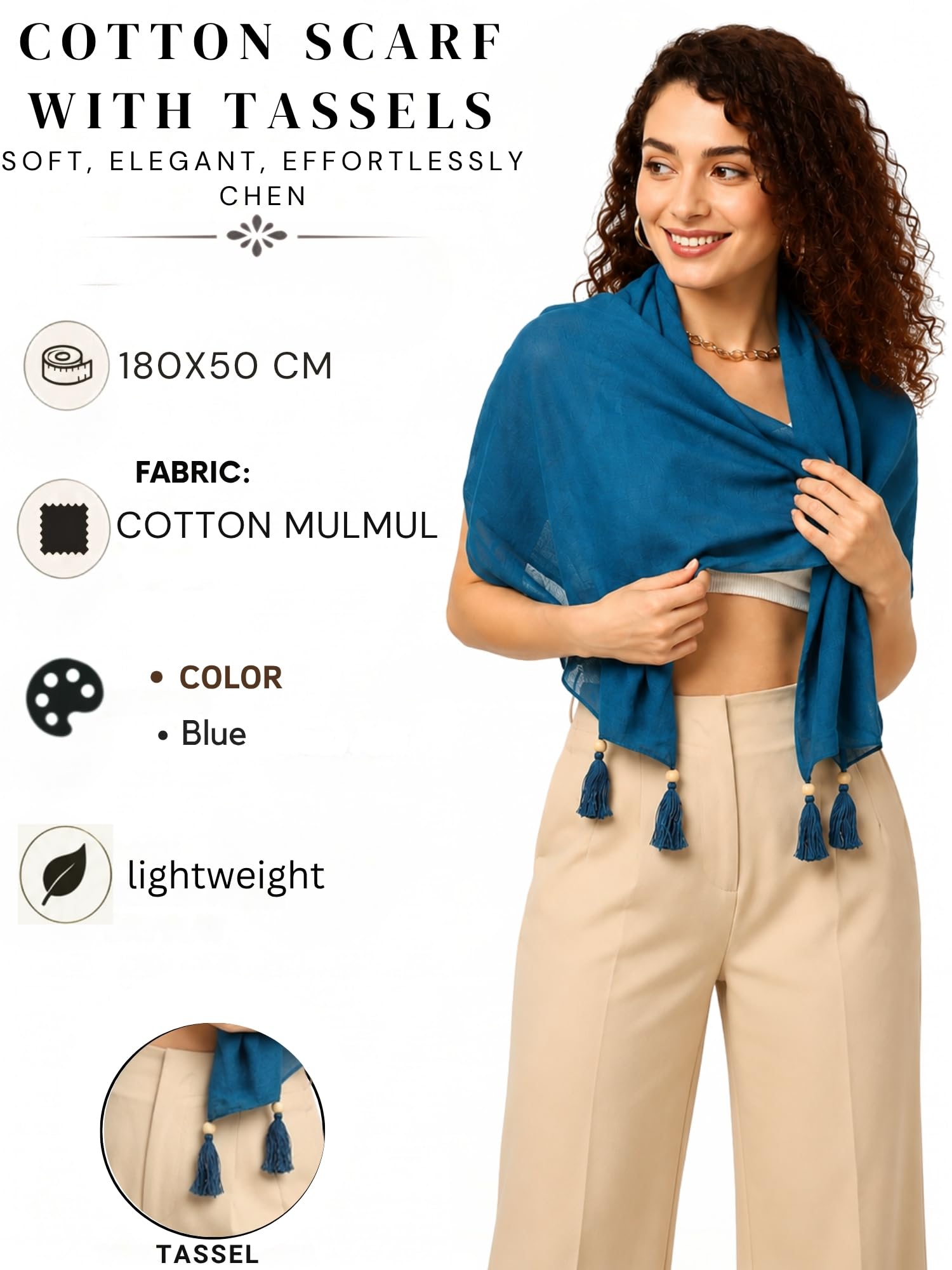 GALE GIRLS Cotton Mulmul Scarf|Scarf for Women|Mulmul Stole|Soft Beach Wrap|Tassel Design|Easily fits 180 * 50cm|Blue