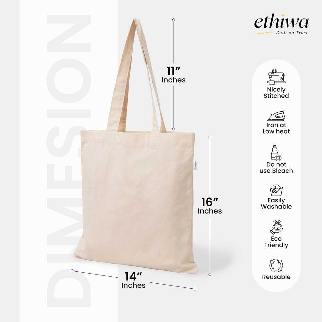 Ethiwa14x16 Inch Plain Tote Bag |10 Pcs|12 Pcs|50 Pcs|100 Pcs| 100% Organic Reusable 250 GSM Cotton Handbag for Shopping, Daily Use, Grocery, Craft Diy Painting and Storage