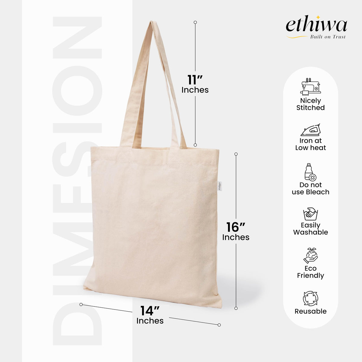 Ethiwa14x16 Inch Plain Tote Bag |10 Pcs|12 Pcs|50 Pcs|100 Pcs| 100% Organic Reusable 250 GSM Cotton Handbag for Shopping, Daily Use, Grocery, Craft Diy Painting and Storage