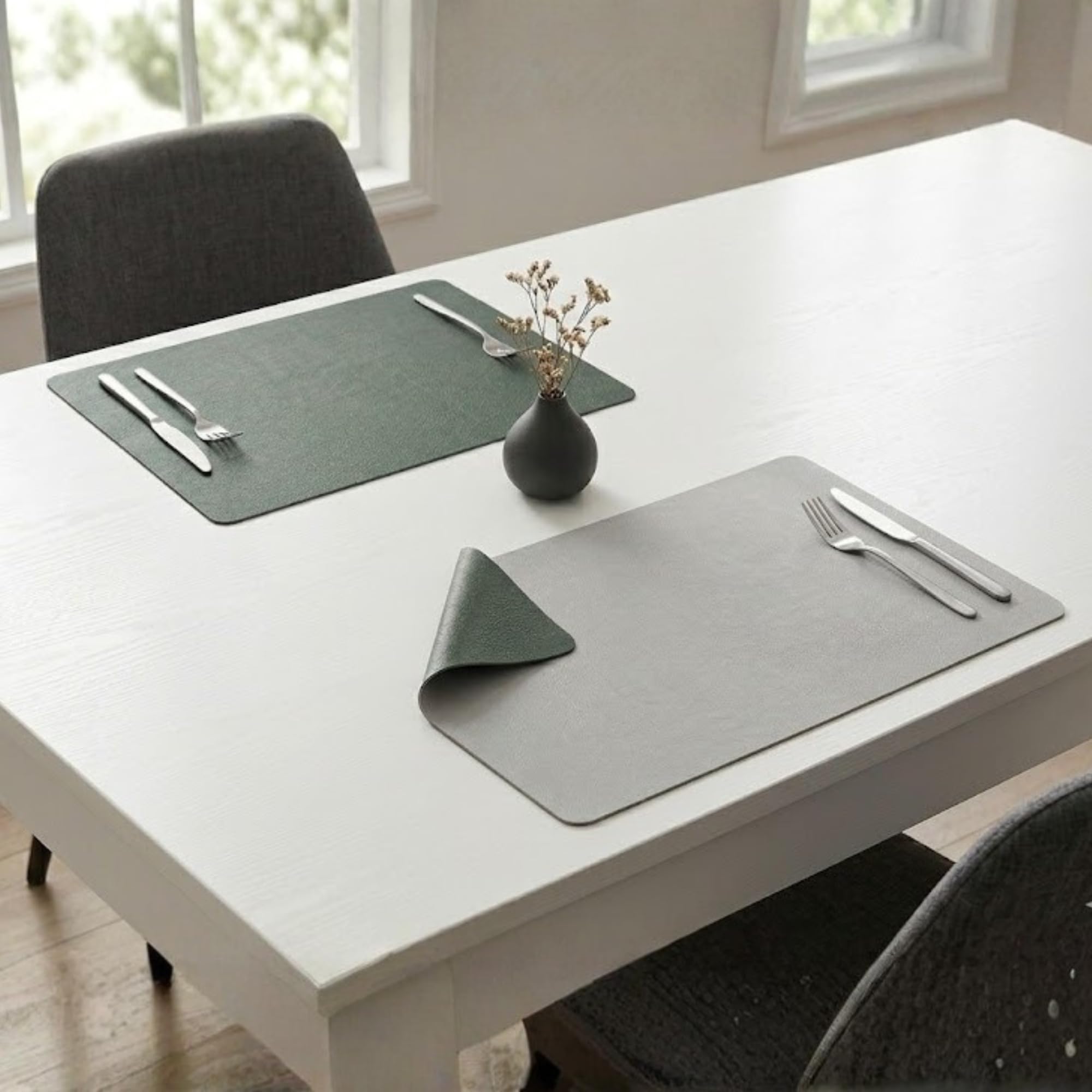 Upaado Premium Double-Sided PU Leather Placemats Set of 2 | Reversible Dark Green & Grey Table Mats | Waterproof Heat Resistant Dining Table Mats | Easy to Clean Non-Slip Placemats |45 x 30 cm Kafalo