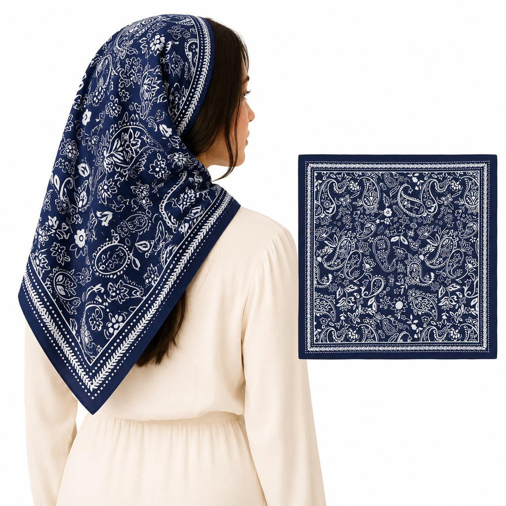 ESTA Satin silk-feel Head Scarf for Women Stylish Bandanas for Women Head Neck Stole Wrap Navy Paisley Print Square Bandana Gift (27.5x27.5inch)