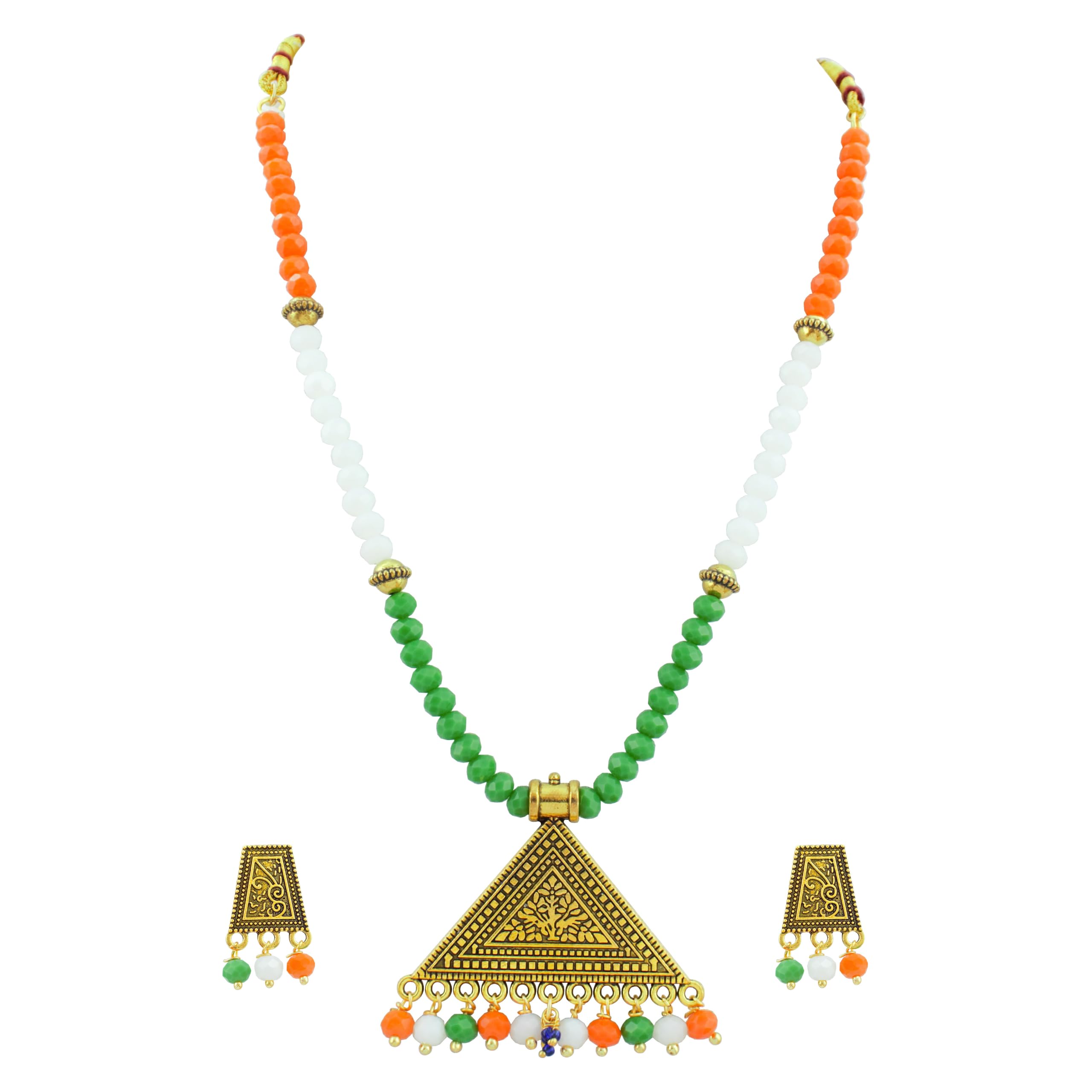 JFL - Jewellery for Less Elegant Tricolour Handmade Pendant Necklace Set for Women & Girls | Antique Gold Triangle Pendant with Matching Earrings | Independence Day & Republic Day Jewellery
