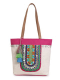Anekaant Boho Natural & Multicolor Cotton Jute Boho Embellished Tote Bag