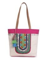 Anekaant Boho Natural & Multicolor Cotton Jute Boho Embellished Tote Bag