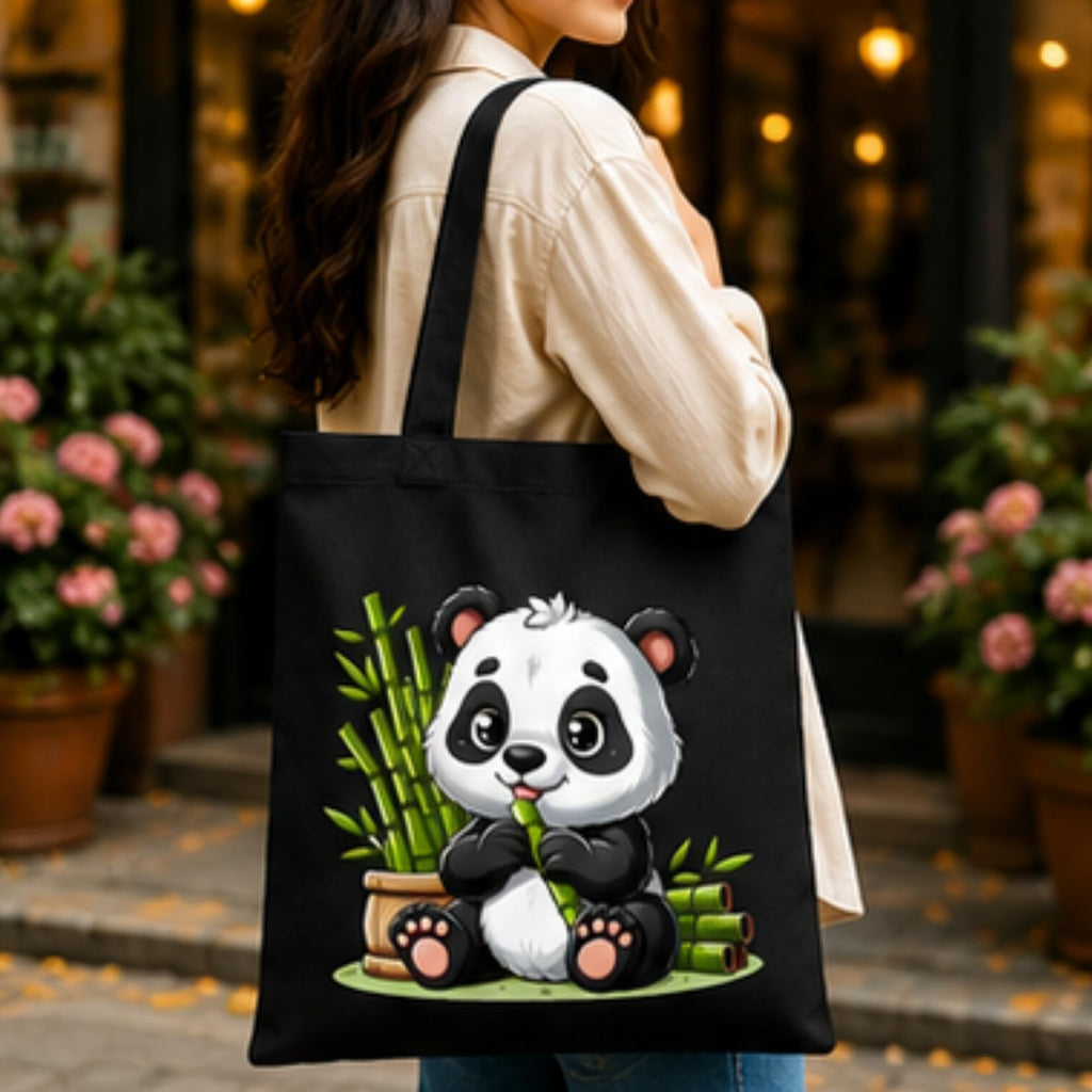 Adorvue New Launch Black Canvas Tote Bag for Women with Cute Panda & Bamboo Print | Premium Cotton Reusable Shopping Shoulder Bag | Kawaii Eco-Friendly Tote for College, Office, Travel & Daily Use