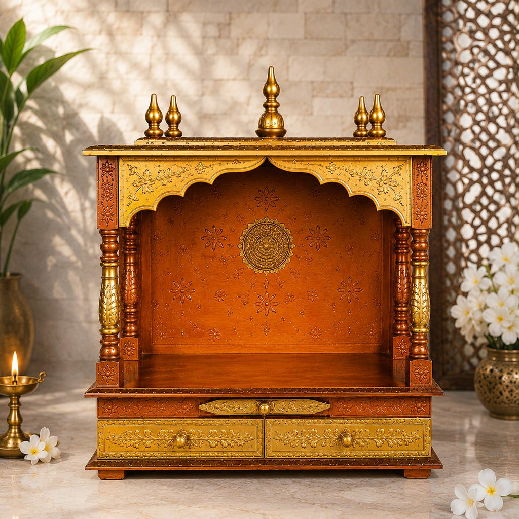 Home and Bazaar Wooden Temple Rajasthani Ethnic Handcrafted Mandir, Pooja Ghar Mandapam - 18x12x24 Inch Brown | Traditional Wood Pooja Mandir Hindu Temple for Home Décor Mandapam