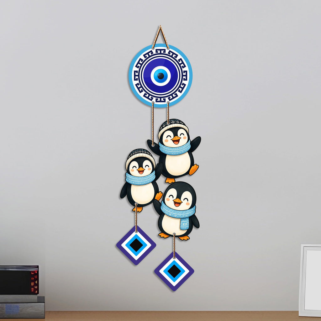 Artvibes Penguin Family Evil Eye Wall Hanging Decor for Kids Room | Living Room | Bedroom | Cute Nazar Battu Protection Ornament | Positive Energy Wall Accent Gift (WH_85147N)