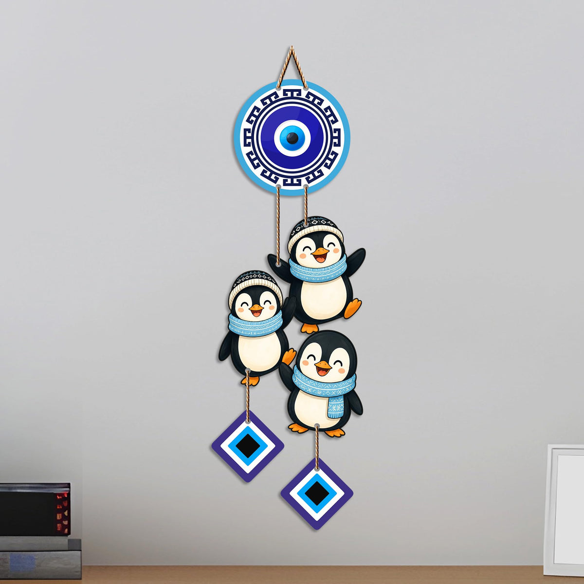 Artvibes Penguin Family Evil Eye Wall Hanging Decor for Kids Room | Living Room | Bedroom | Cute Nazar Battu Protection Ornament | Positive Energy Wall Accent Gift (WH_85147N)