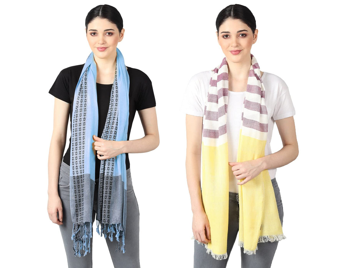 Flyer Female Viscose Women'S Stole/Scarf Colour- Yellow & Purple And Sky Blue Soft Ethnic Scarves Pack Of 2 St-08-Blue-St-01