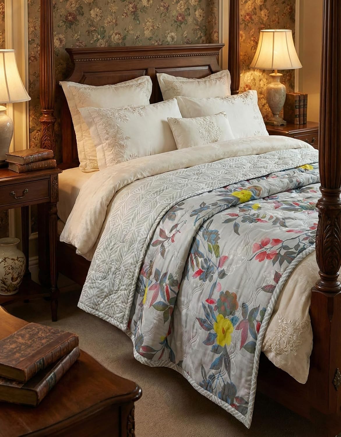 Summer Blanket 100% Cotton Reversible Ac Comforter and Cooling | Classic Printed Design | Quilt | Dohar Single/Double Bed Quilt Ideal for Gifting (Gray RED Flower, Single BE) Kafalo