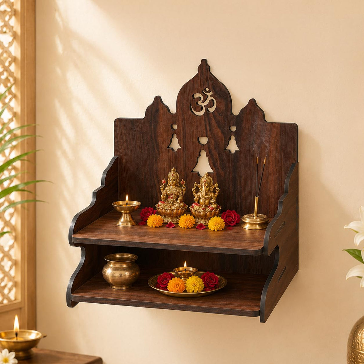 The Castle Decor Wooden Mandir for Home, Wall Hanging & Tabletop Pooja Temple with Ganesha Cutwork, 2-Tier Storage Shelf, MDF Mandir for Pooja Room, Office, Hostel 13 x 15 x 8 Inch (Design-4)