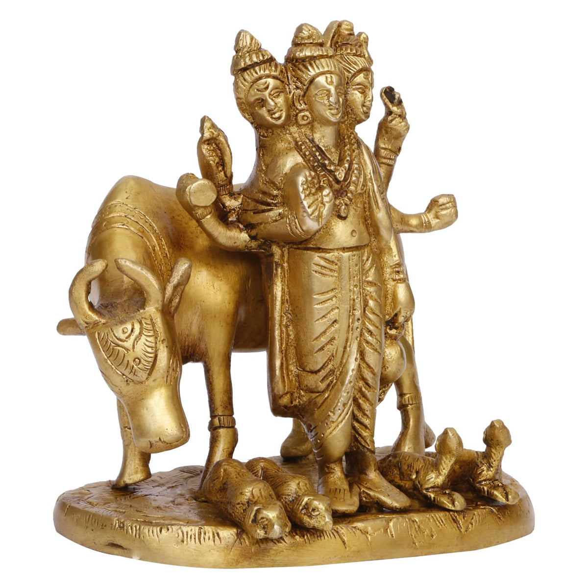 Artvarko Brass Brahma Vishnu Shiva Mahesh Trimurti Figurine Trinity Idol Dattatreya Tridev with Auspicious Cow Temple Puja Gift Décor 5.5 Inch