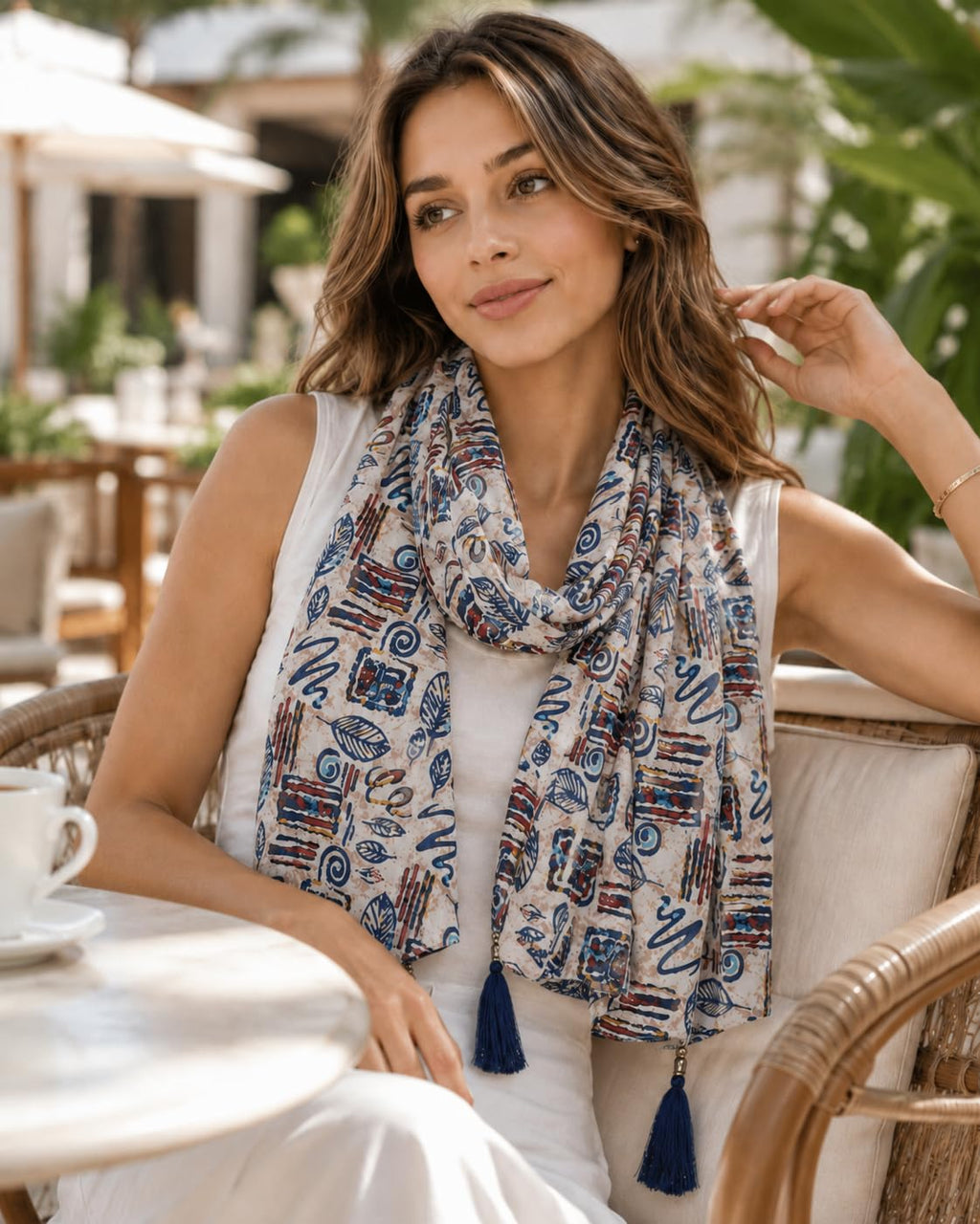 Women's Printed cotton Scarf with Tassels, Lightweight Boho Stole, 180x50 cm, All Seasons (multi)