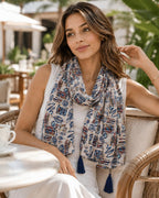 Women's Printed cotton Scarf with Tassels, Lightweight Boho Stole, 180x50 cm, All Seasons (multi)