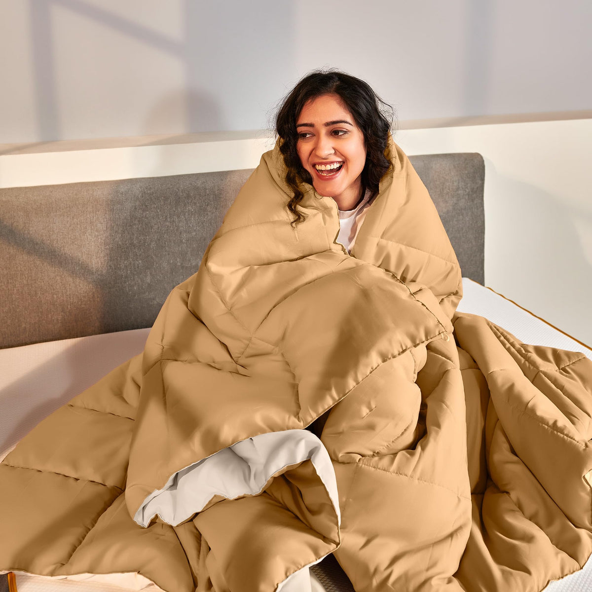 SleepyCat Polyester Summer Reversible AC Comforter - Hotel Like Feel 120 GSM Lightweight Blanket, Quilted Design, Machine Washable - Coffee & Cream (Single Size 90x60) Kafalo