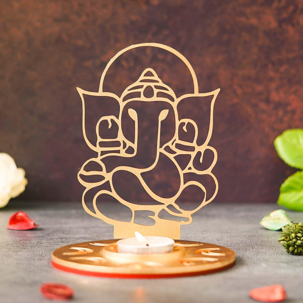 eCraftIndia Red and Golden Mdf Wooden Ganesha Shadow Decorative Tea Light Candle Holder, Diya Stand for Home Decoration | Navratri Ganesh Chaturthi Diwali Decoration Items for Home Decor | Diwali Gift
