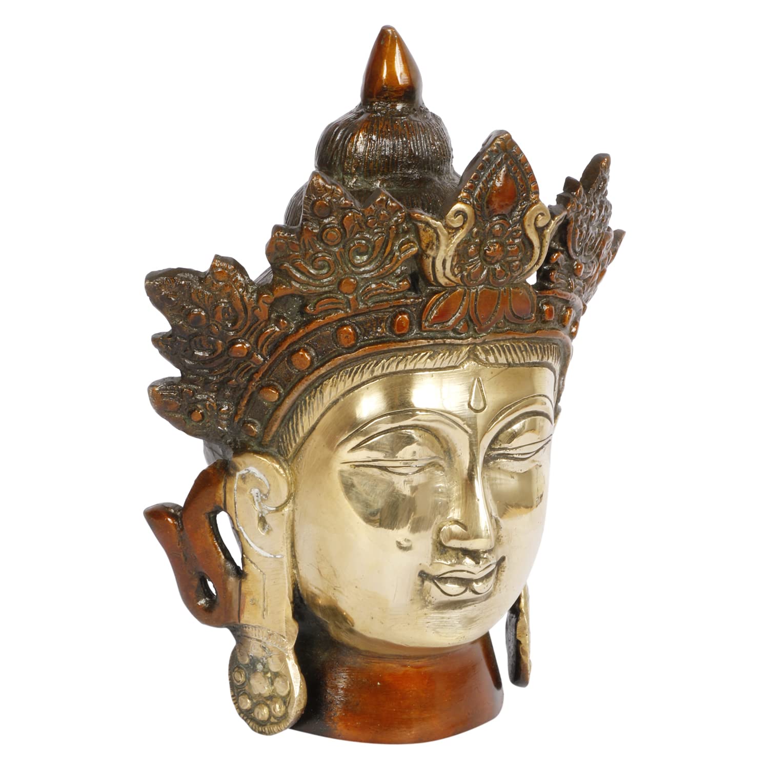 ARTVARKO Brass Crown Buddha Head Tibetan Buddhist Deity Face for Home Décor Showpiece 7.5 Inches Height