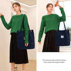 Street27 Korean Canvas Corduroy Tote Bag Casual Work Shoulder Handbags, Multi-Purpose Bag, Sturdy Canvas Bag With Large Capacity, Shopping Bag For Office, College & Daily Use (Navy Blue, Womens)