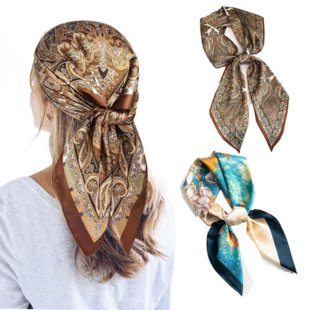 Zbdroxygen 2Pcs Silk Scarf for Women, Stylish Satin Scarf for Women, 70x70cm Square Head Scarf, Elegant Scarf for Office, Travel, Casual Wear