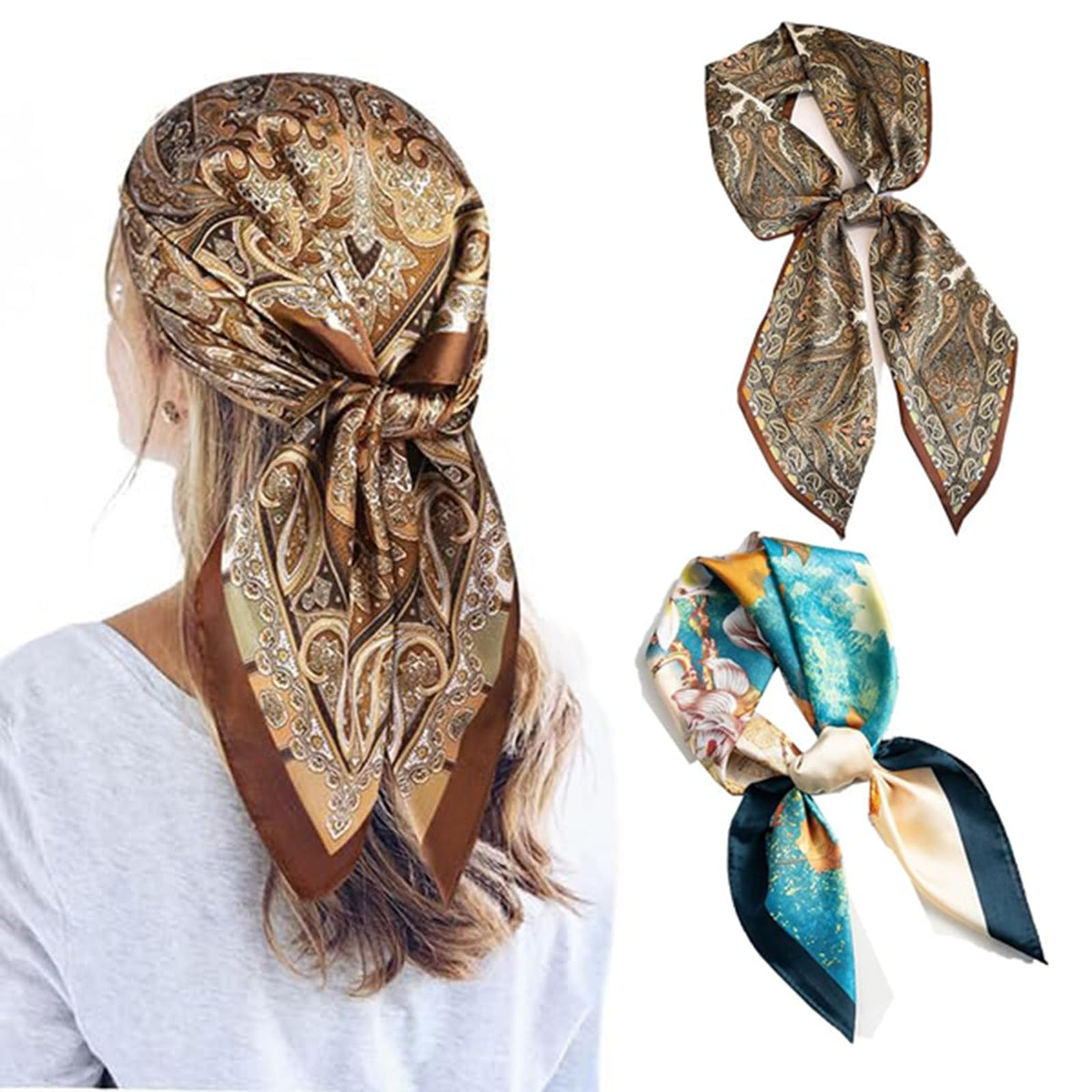 Zbdroxygen 2Pcs Silk Scarf for Women, Stylish Satin Scarf for Women, 70x70cm Square Head Scarf, Elegant Scarf for Office, Travel, Casual Wear