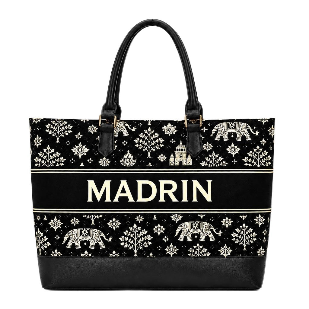 MADRIN Women’s Tote Bag for Office & Daily Use, Ethnic Printed Handbag with Premium Handles, Spacious Shoulder Bag for Women (1, Black)