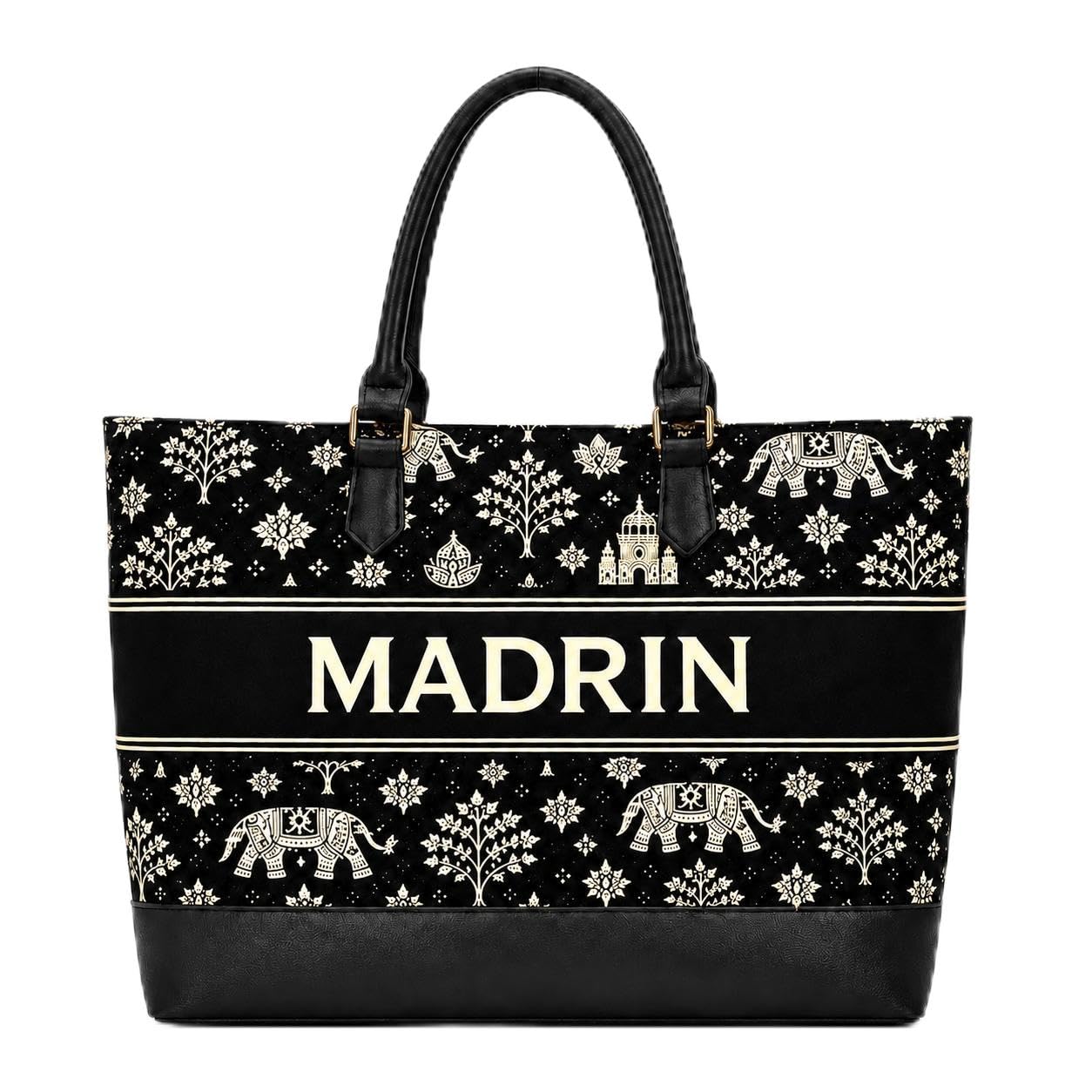 MADRIN Women’s Tote Bag for Office & Daily Use, Ethnic Printed Handbag with Premium Handles, Spacious Shoulder Bag for Women (1, Black)