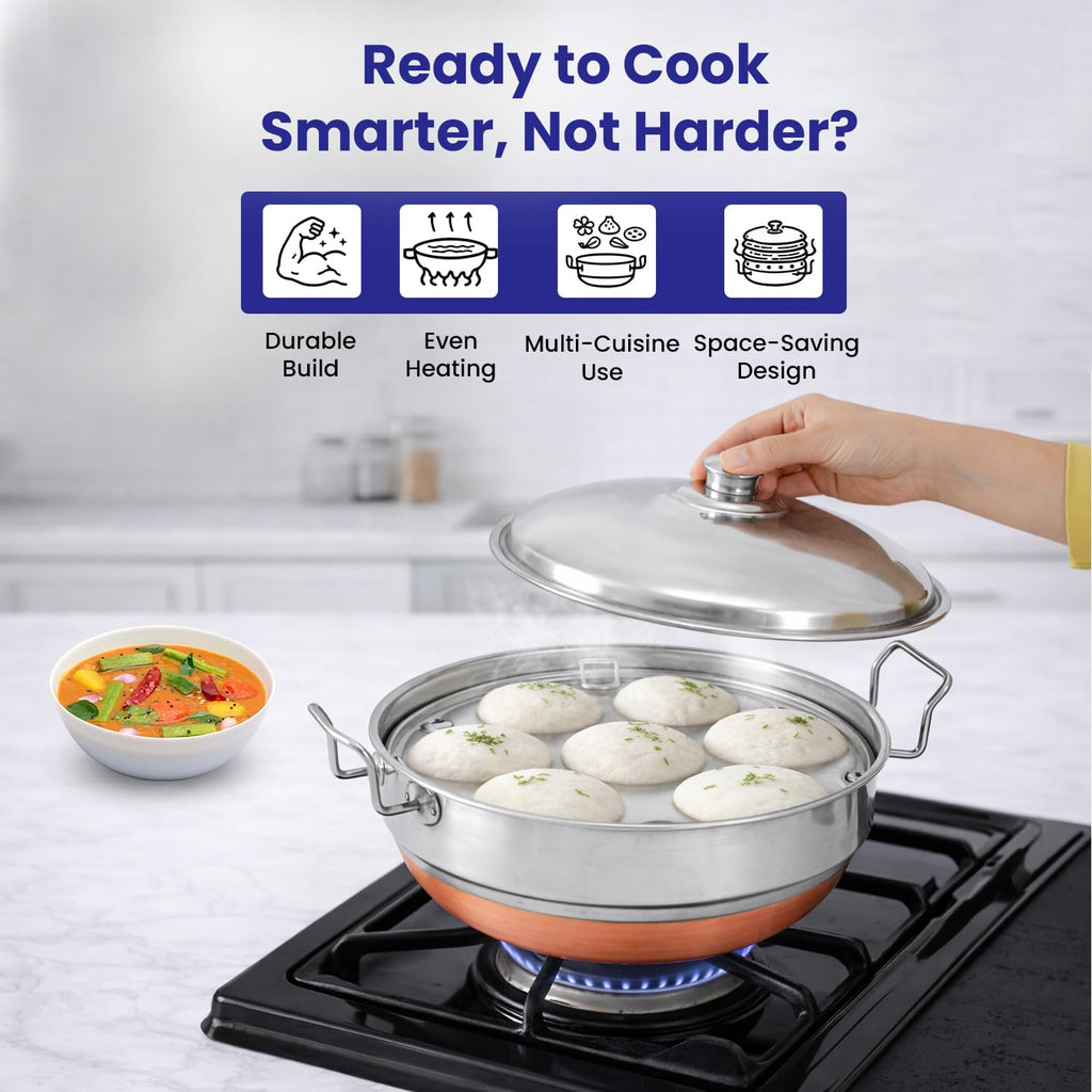 WayMore® S.S. Idli Dhokla Cooker Multi Kadai with Copper Bottom All-in-One Big Size 7 Plates, 2 Idli Steamer | 2 Mini Idli | 2 Dhokla Steamer | 1 Patra | Momos Steamer | 4 in 1 | 28.5 cm Dia.