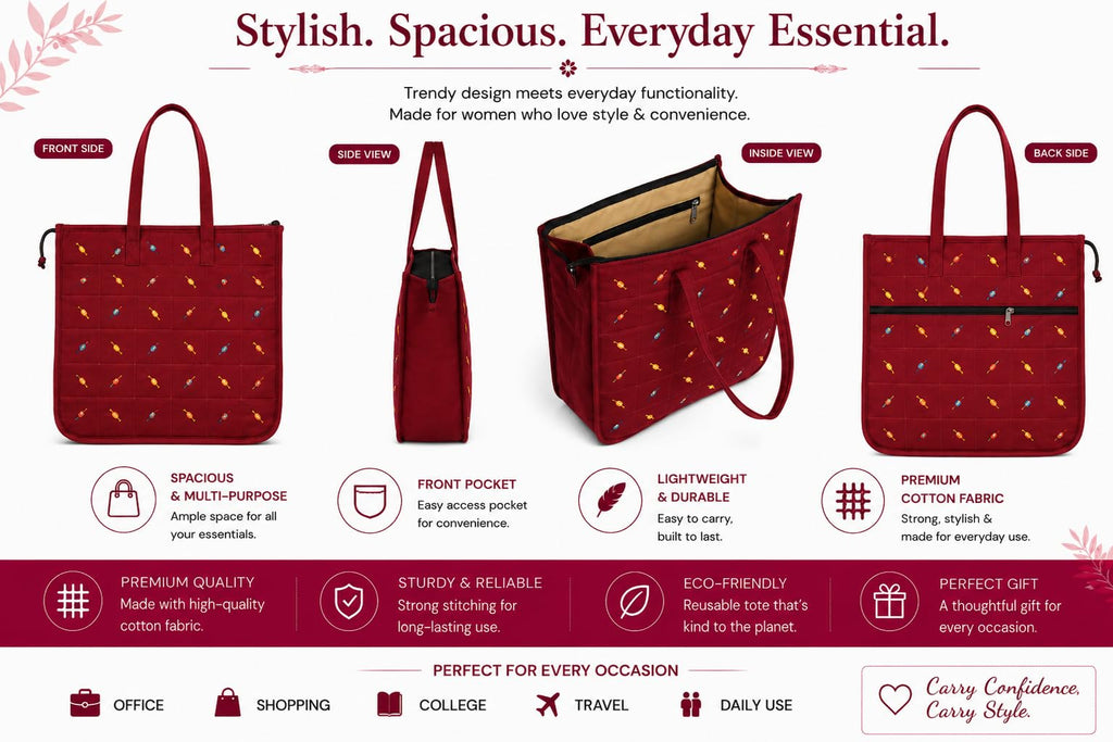 Vaishnavi Creations Solapur | Embroidered Cotton Tote Bag for Women | Spacious Handbag | Eco-Friendly Shoulder Bag for Office, Shopping & Daily Use | Maroon