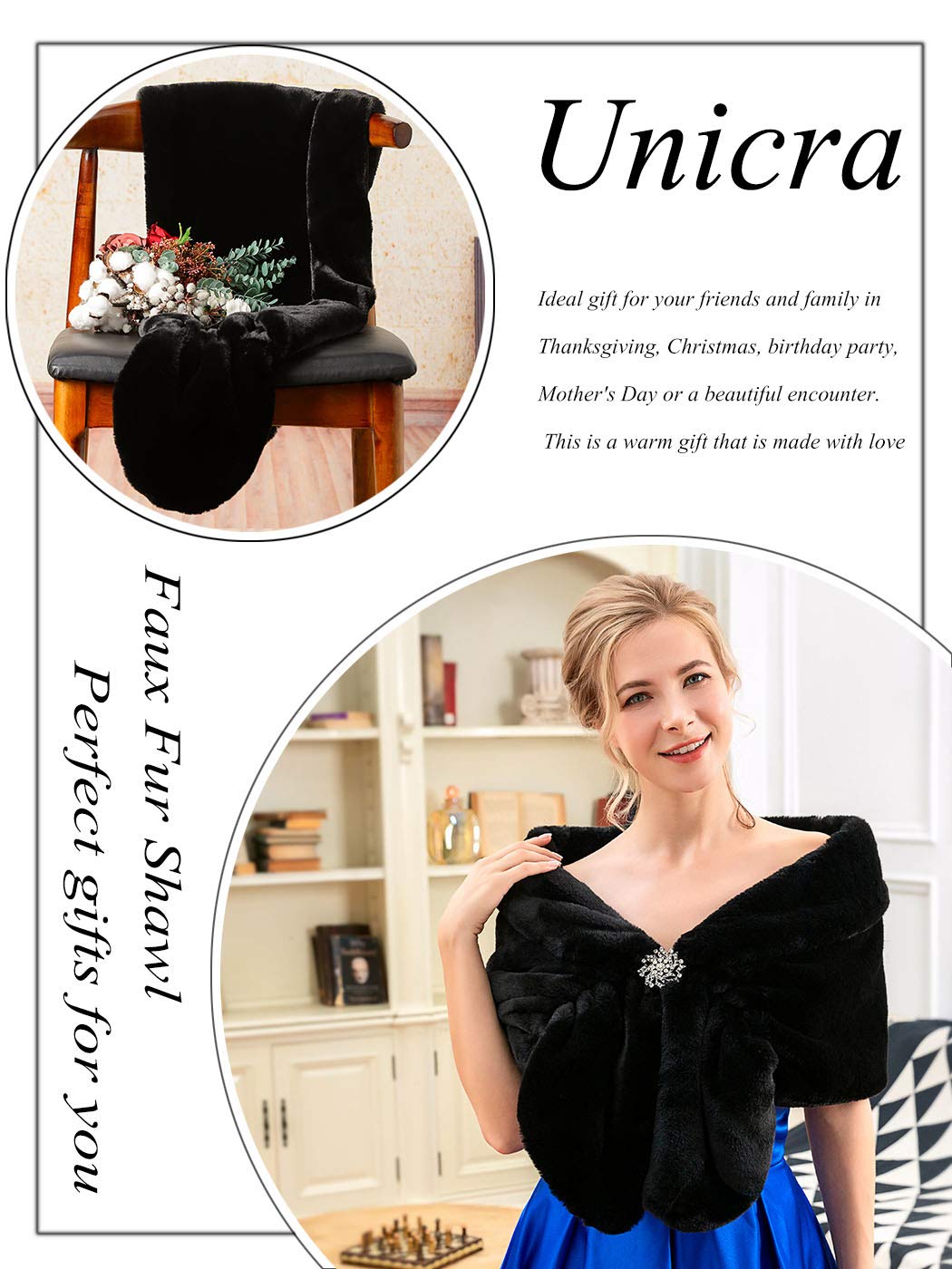 Aukmla Aukmla Wedding Black Faux Fur Wraps and Shawls Wedding Bridal Stoles Scarf for Brides and Bridesmaids