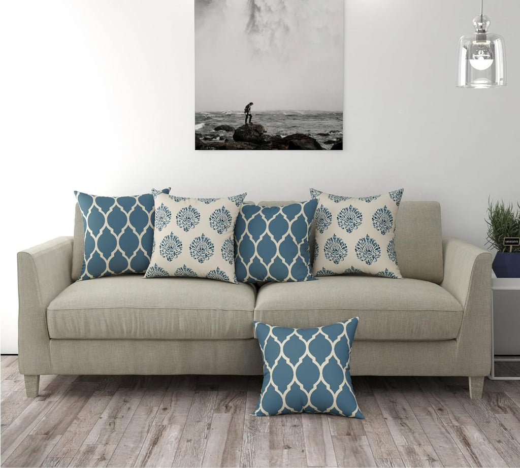 Trance Home Linen Set of 5 Premium 100% Cotton 24x24 inch Cushion Covers Only for Sofa and Diwan | Throw Pillow/Small Cushion Pillow Covers Only (24x24 inch | 60cmx60cm, Dori & Damask Blue) – Set of 5