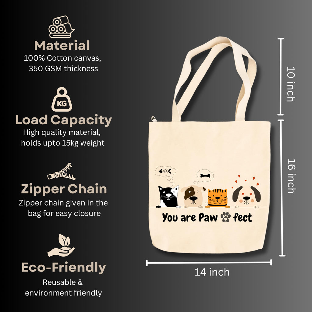 snapiq COTTON 350 GSM Canvas Tote Bag for Women and Girls Thick Fabric with Zipper (Beige, Pawfect)