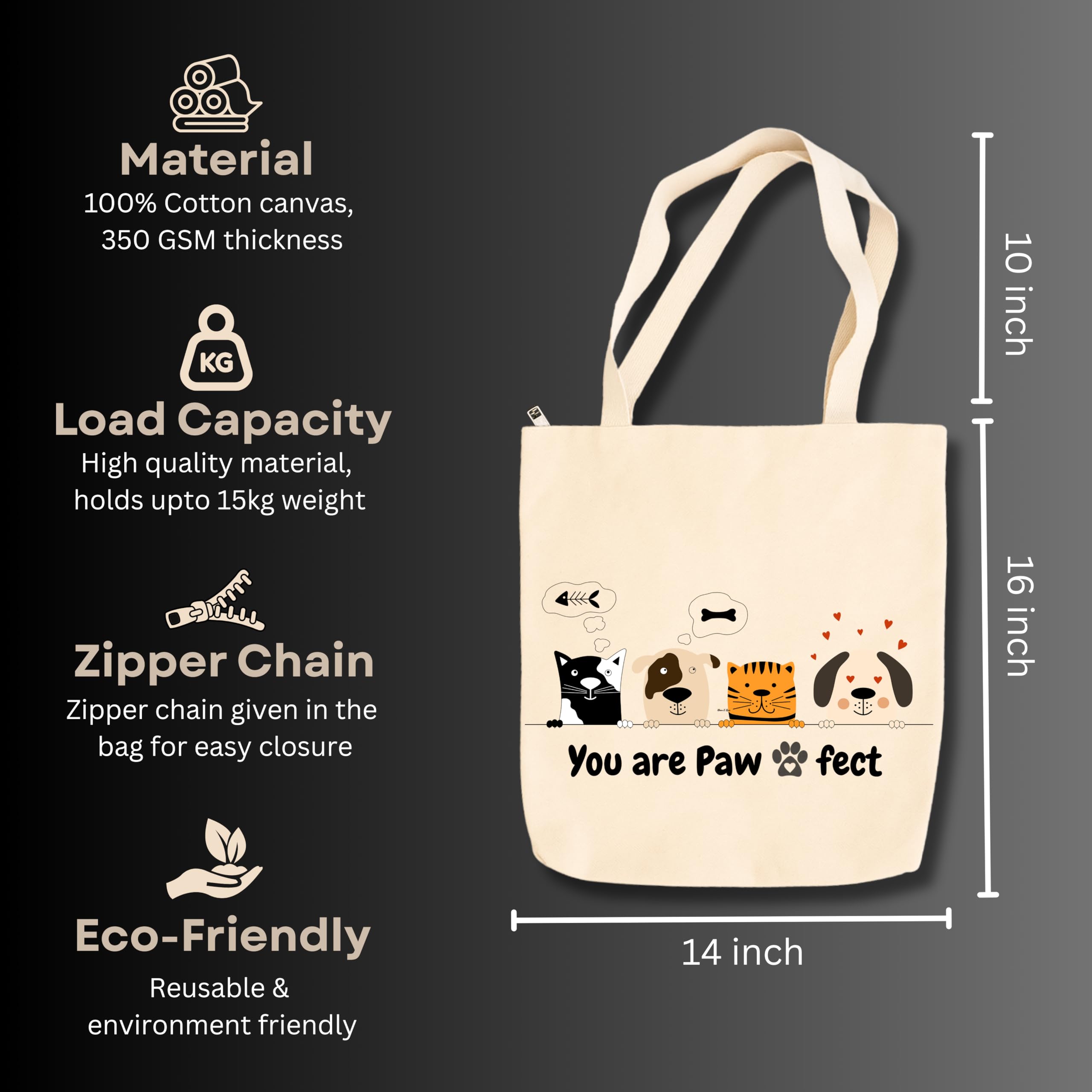 snapiq COTTON 350 GSM Canvas Tote Bag for Women and Girls Thick Fabric with Zipper (Beige, Pawfect)