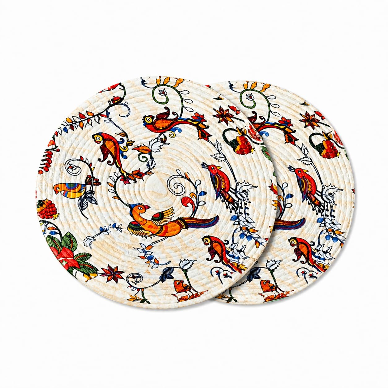 Premium Round Cotton Dining Table Mats Set of 2 | Washable Heat Resistant Food Mat | Circular Dining Table Hot Plate Mats & Coaster for Hot Utensil (14-inch, Boho Quilt/Beige) Kafalo